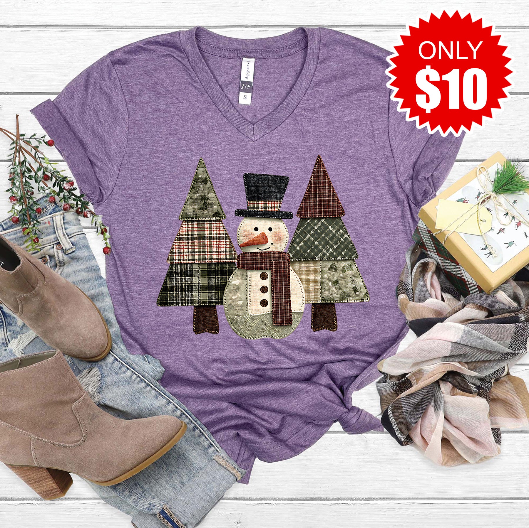 Snowman Trees Patchwork V-Neck - 10