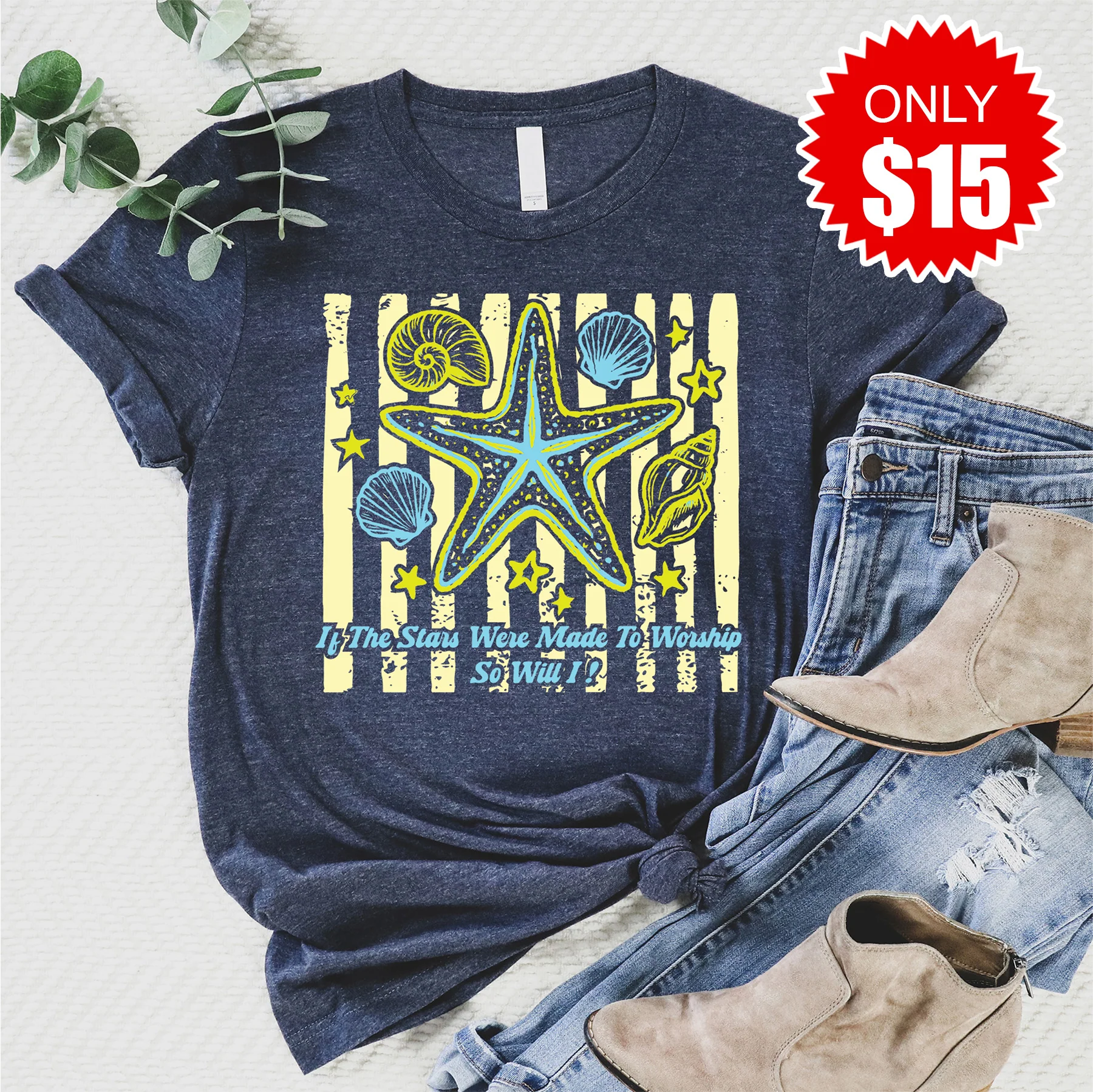 Stars Made to Worship Tee - Heather Navy - 15