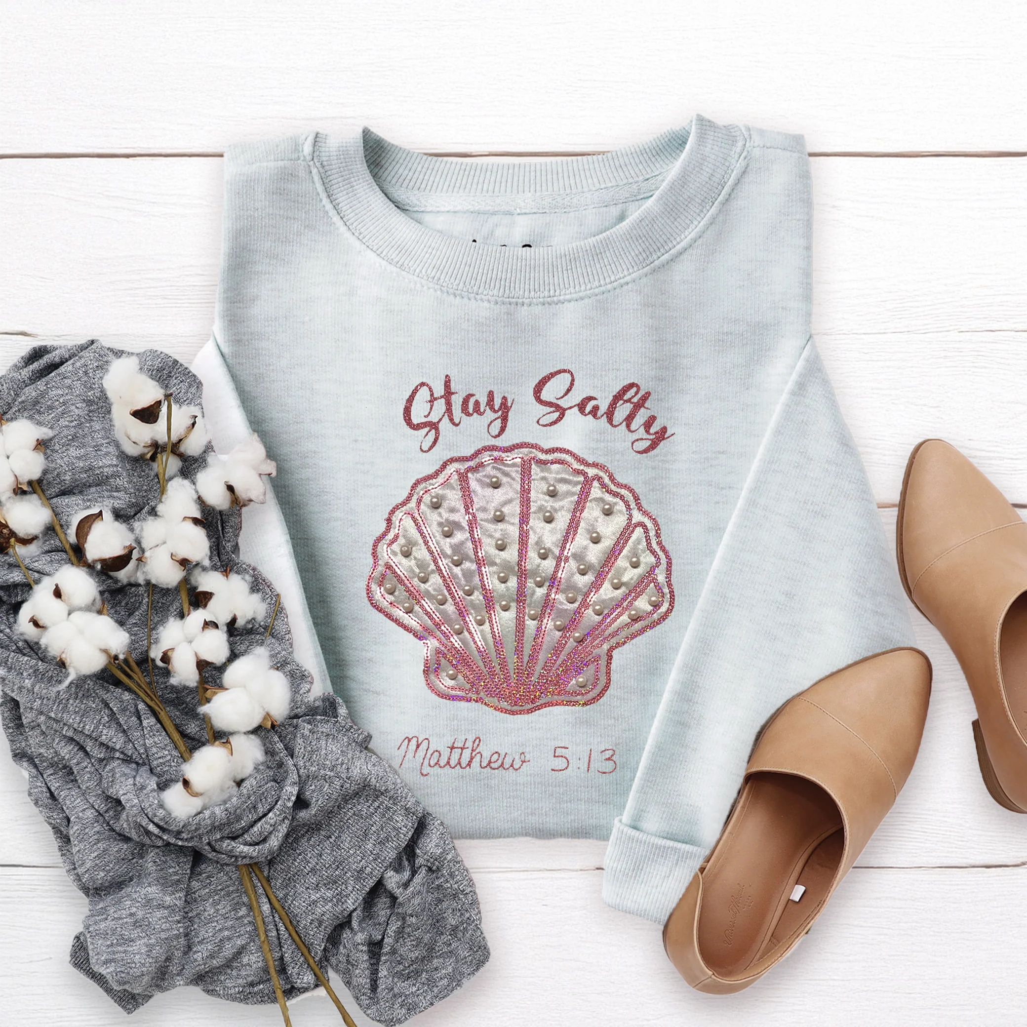 Embellished Stay Salty Crewneck Sweatshirt