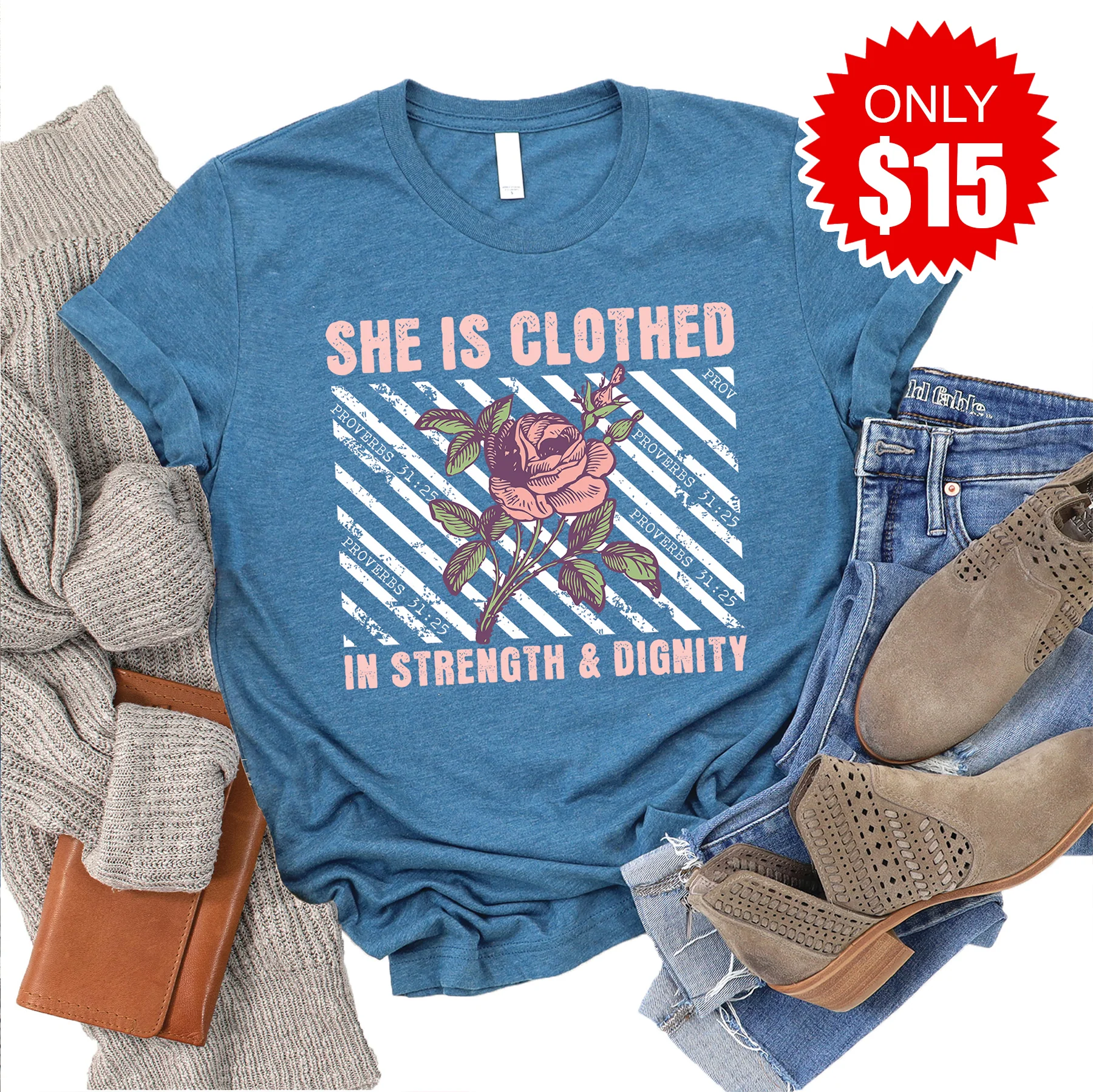 Strength & Dignity Tee - Heather Deep Teal - 15