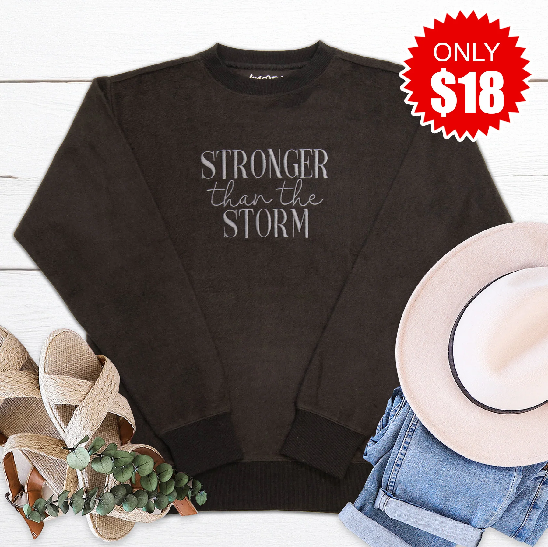 Stronger Than The Storm Fuzzy Embroidered Crewneck Sweatshirt - 18