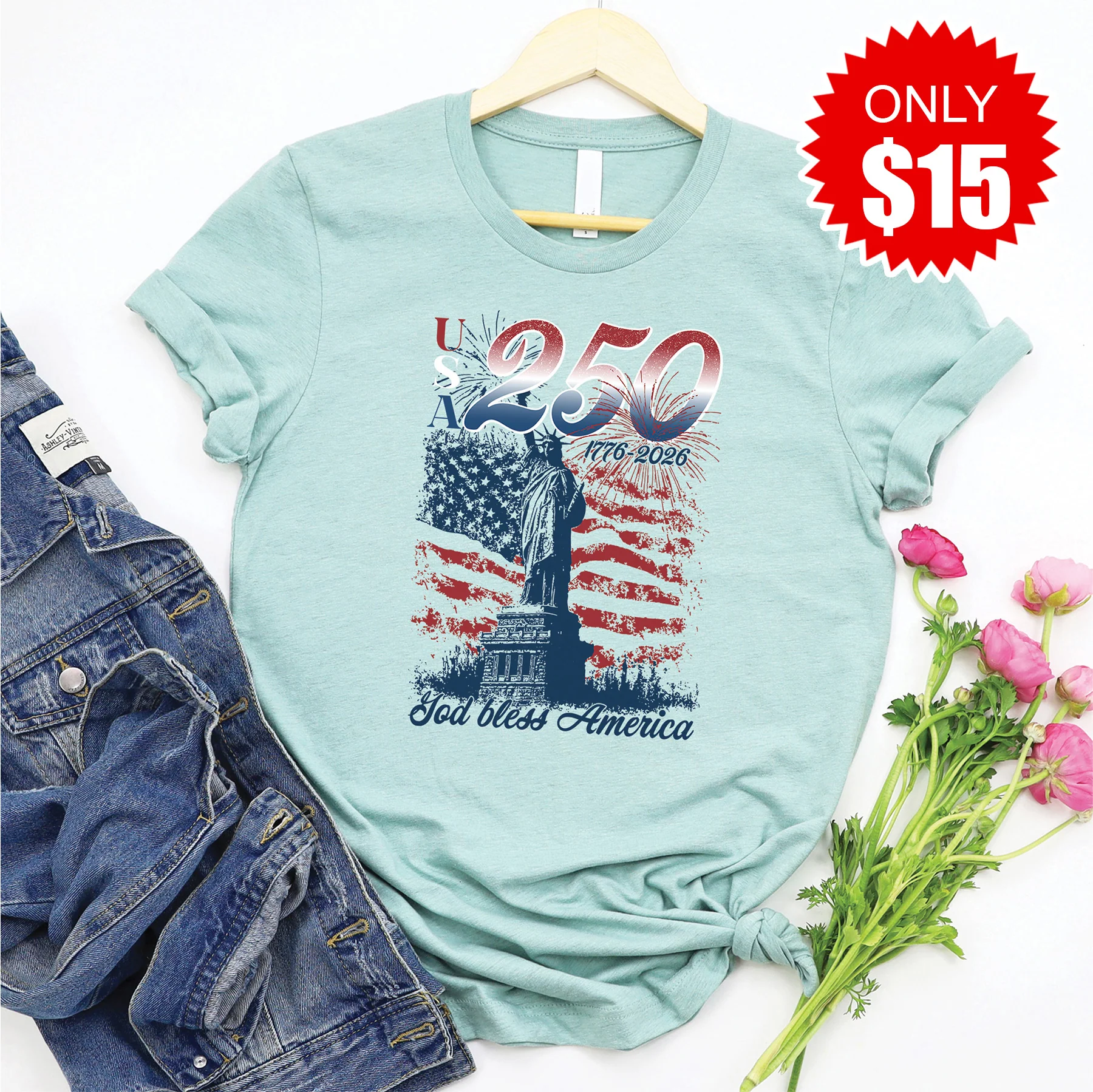 USA 250 Tee - Heather Dusty Blue - 15