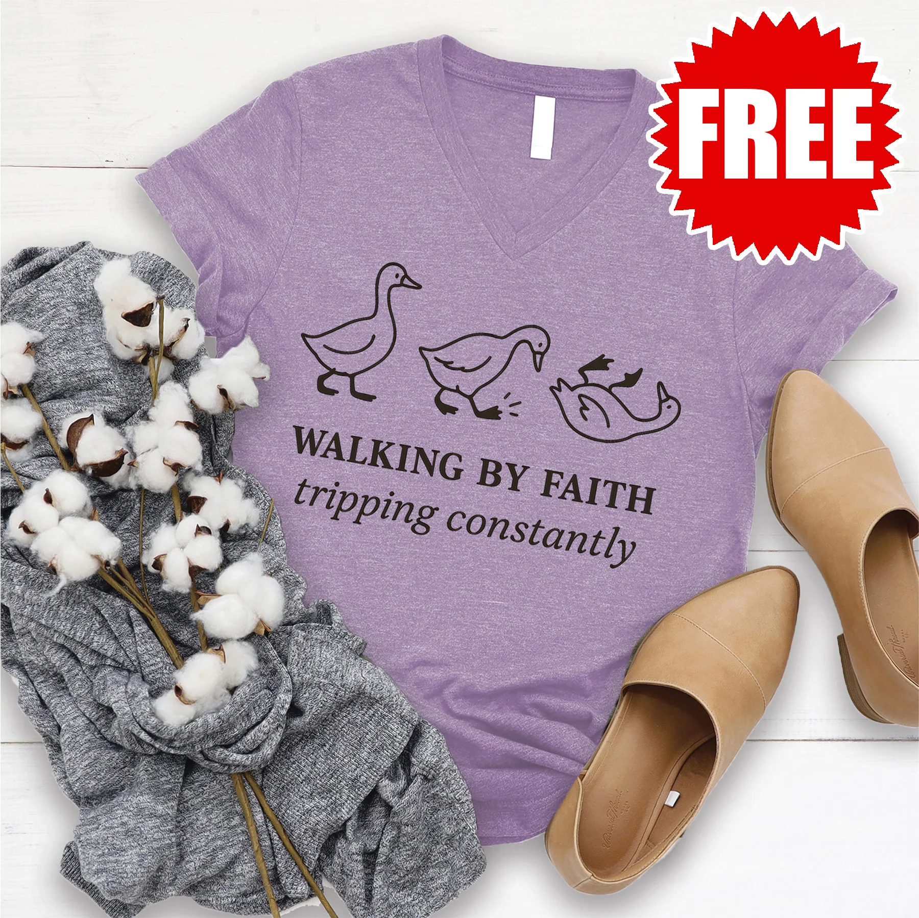 Walking by Faith Geese V-Neck - Heather Deep Purple - 0