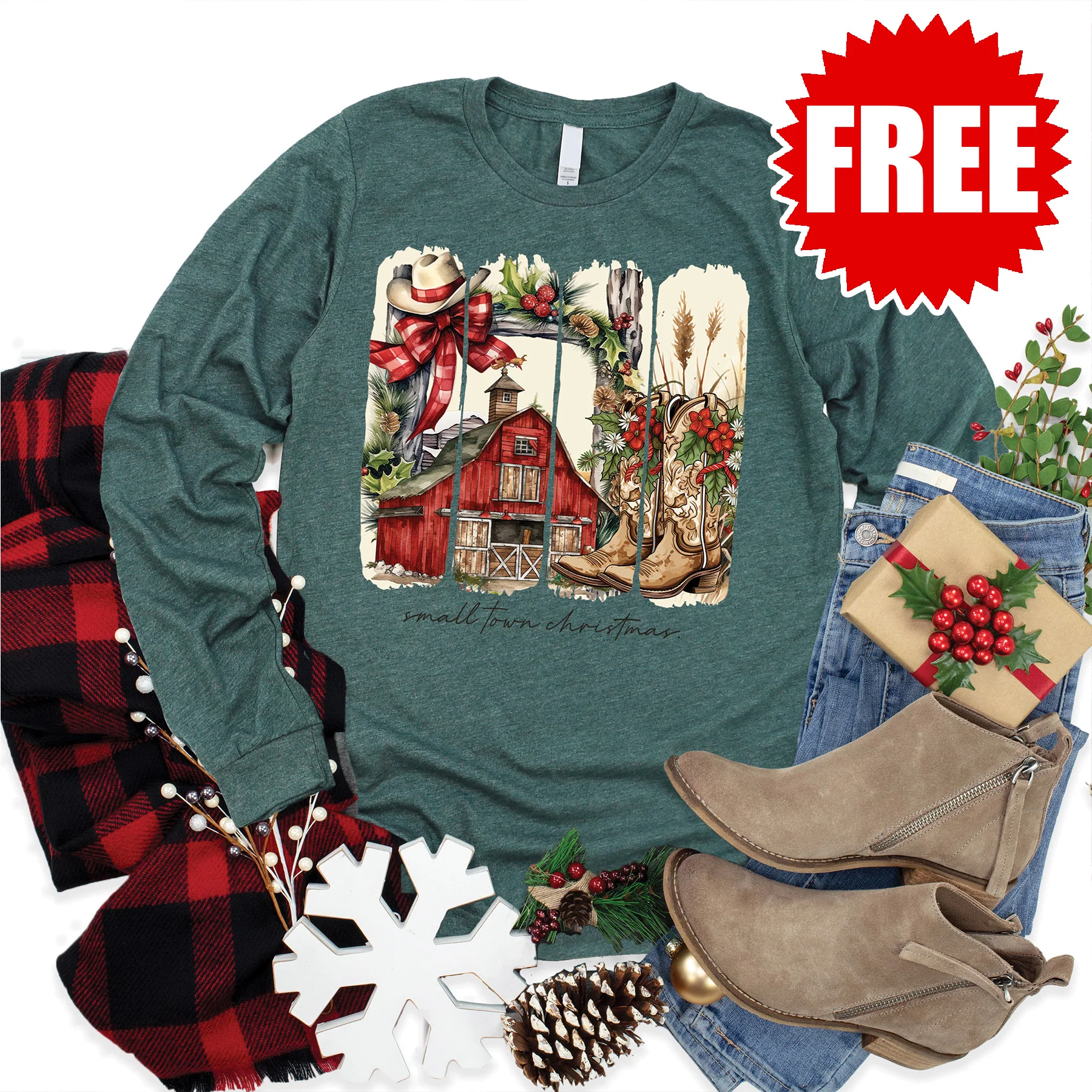Western Christmas Long Sleeve - Heather Forest - 0