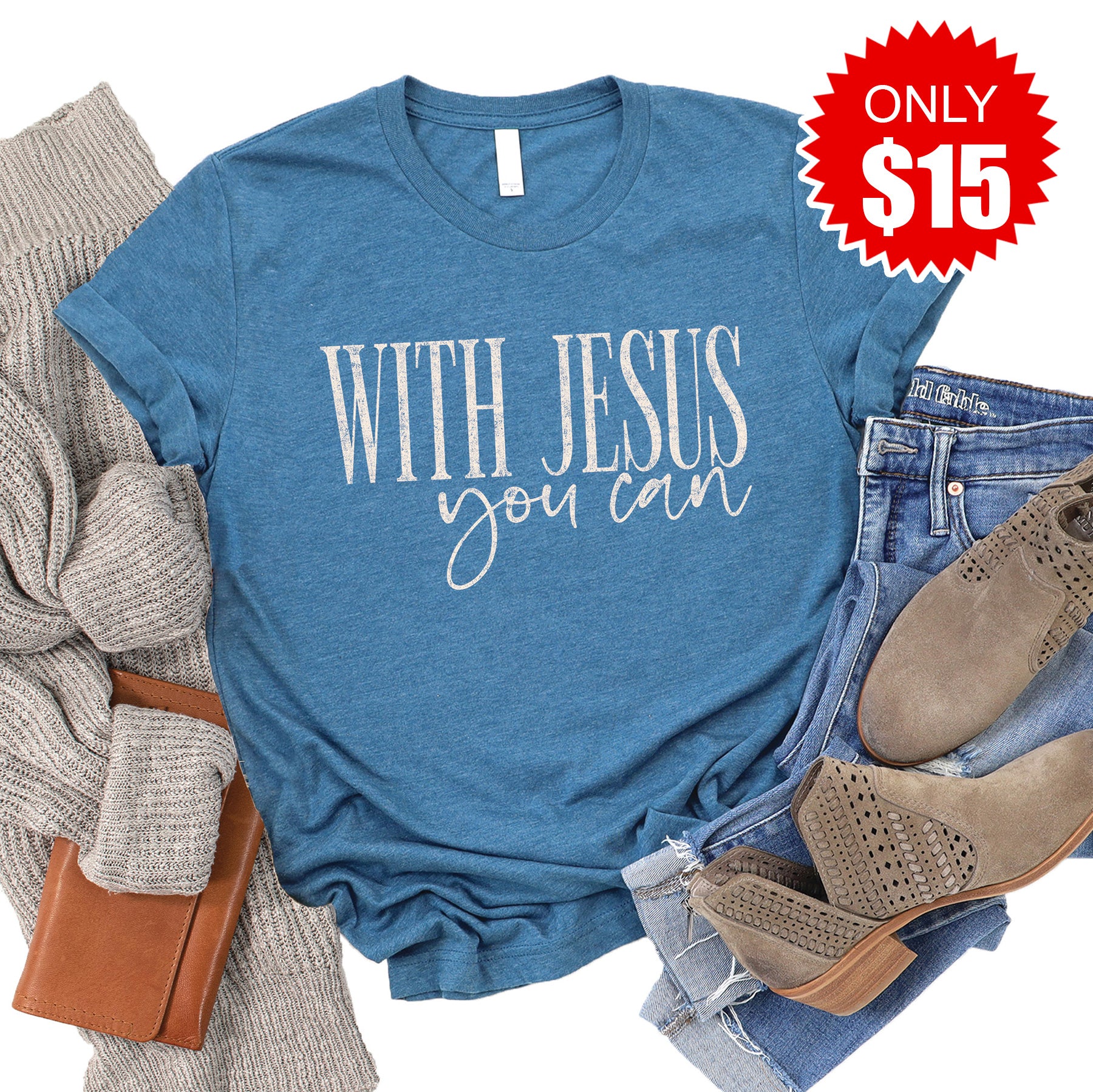With Jesus Tee - Heather Deep Teal - 15