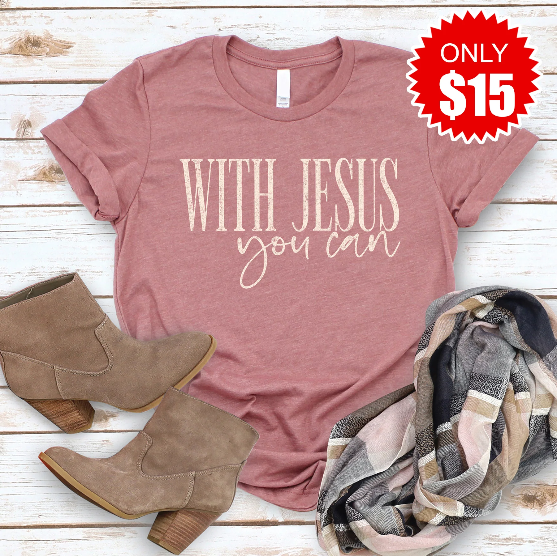 With Jesus Tee - Heather Mauve - 15
