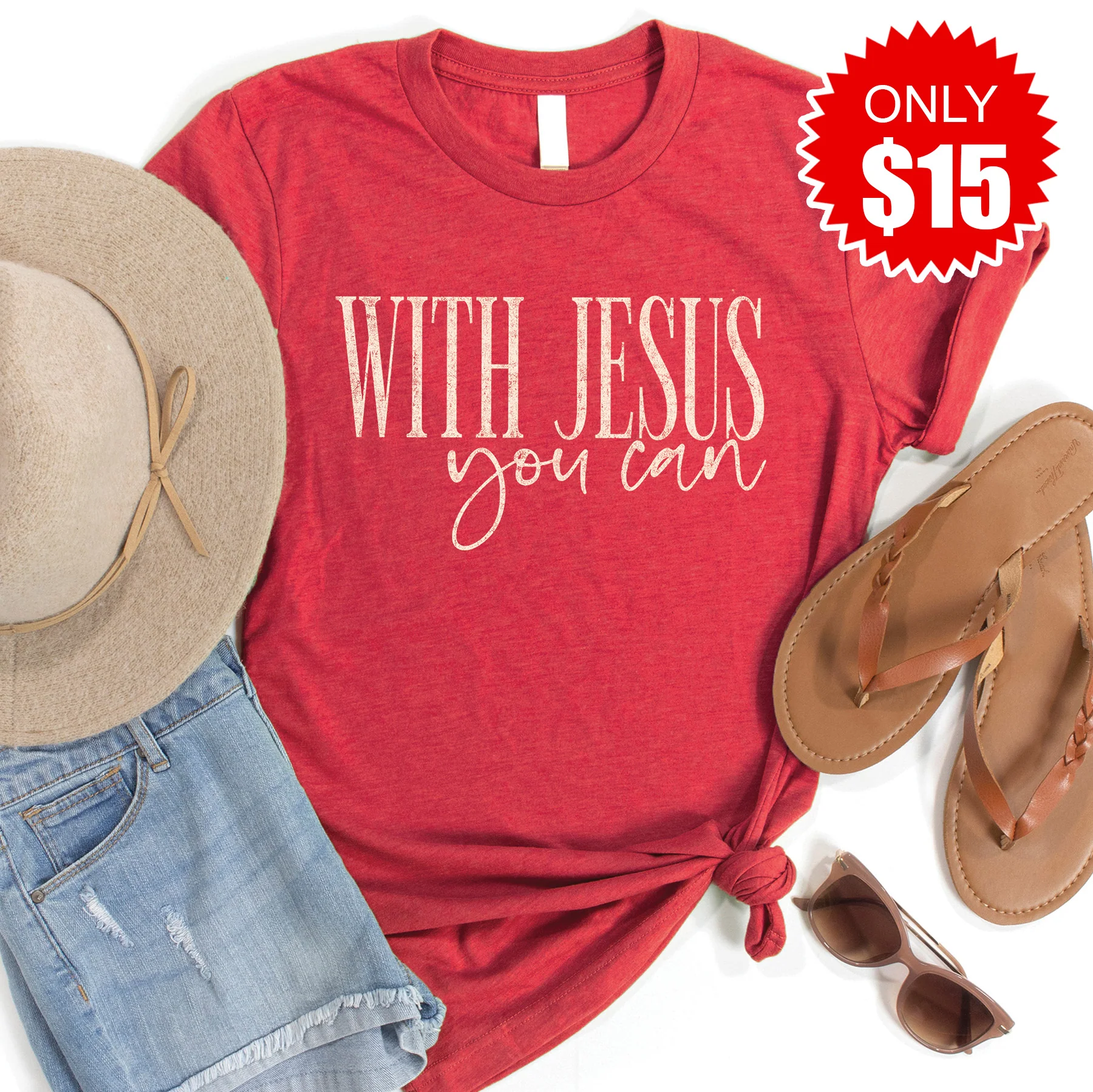 With Jesus Tee - Heather Scarlet - 15