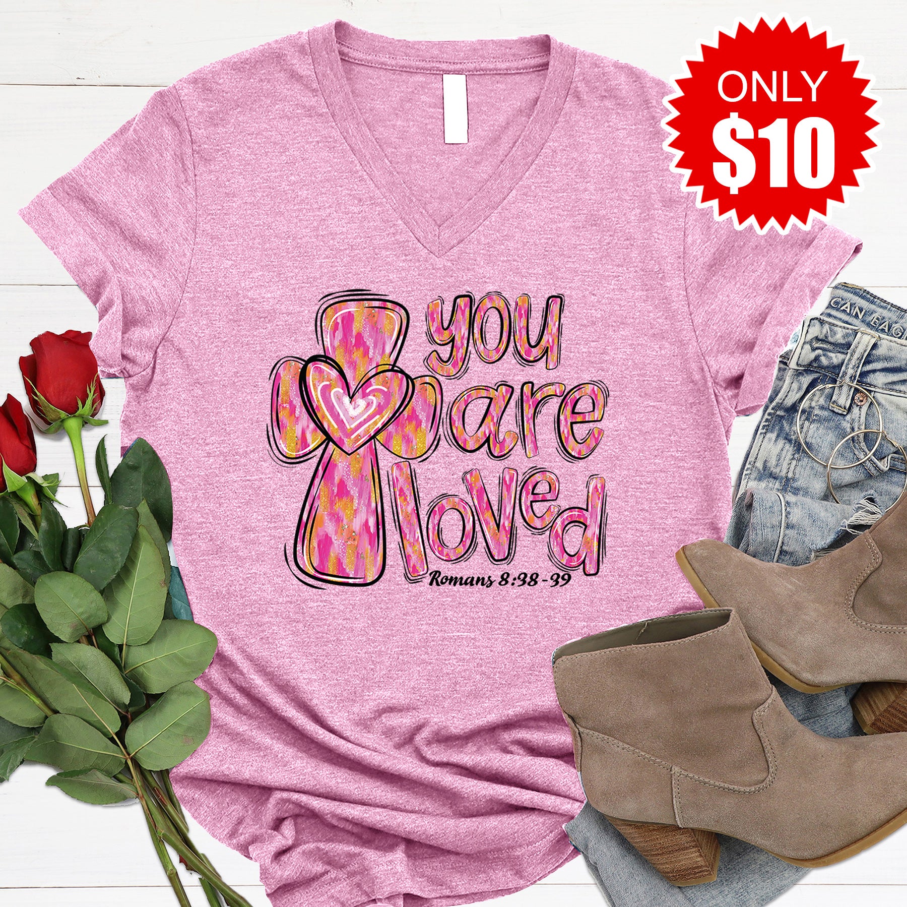 You Are Loved Pink Paint V-Neck - 10